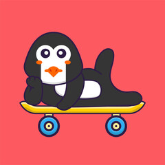 Cute penguin lying on a skateboard. Animal cartoon concept isolated. Can used for t-shirt, greeting card, invitation card or mascot. Flat Cartoon Style