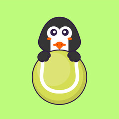 Cute penguin playing tennis. Animal cartoon concept isolated. Can used for t-shirt, greeting card, invitation card or mascot. Flat Cartoon Style