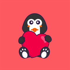 Cute penguin holding a big red heart. Animal cartoon concept isolated. Can used for t-shirt, greeting card, invitation card or mascot. Flat Cartoon Style