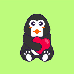 Cute penguin holding a big red heart. Animal cartoon concept isolated. Can used for t-shirt, greeting card, invitation card or mascot. Flat Cartoon Style