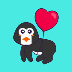 Cute penguin flying with love shaped balloons. Animal cartoon concept isolated. Can used for t-shirt, greeting card, invitation card or mascot. Flat Cartoon Style