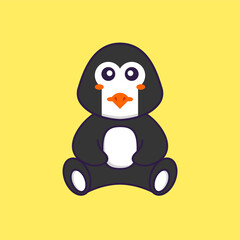 Cute penguin is sitting. Animal cartoon concept isolated. Can used for t-shirt, greeting card, invitation card or mascot. Flat Cartoon Style