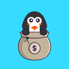 Cute penguin playing in money bag. Animal cartoon concept isolated. Can used for t-shirt, greeting card, invitation card or mascot. Flat Cartoon Style