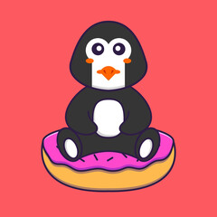 Cute penguin is sitting on donuts. Animal cartoon concept isolated. Can used for t-shirt, greeting card, invitation card or mascot. Flat Cartoon Style