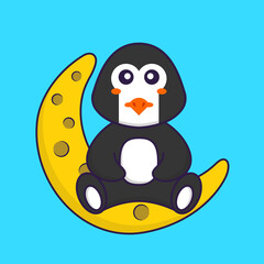 Cute penguin is sitting on the moon. Animal cartoon concept isolated. Can used for t-shirt, greeting card, invitation card or mascot. Flat Cartoon Style
