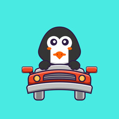 Cute penguin is driving. Animal cartoon concept isolated. Can used for t-shirt, greeting card, invitation card or mascot. Flat Cartoon Style