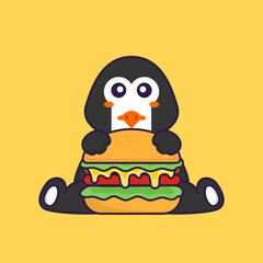 Cute penguin eating burger. Animal cartoon concept isolated. Can used for t-shirt, greeting card, invitation card or mascot. Flat Cartoon Style