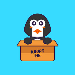 Cute penguin in box with a poster Adopt me. Animal cartoon concept isolated. Can used for t-shirt, greeting card, invitation card or mascot. Flat Cartoon Style