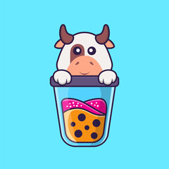 Cute cow Drinking Boba milk tea. Animal cartoon concept isolated. Can used for t-shirt, greeting card, invitation card or mascot. Flat Cartoon Style