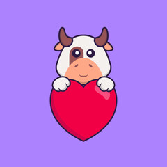 Naklejka premium Cute cow holding a big red heart. Animal cartoon concept isolated. Can used for t-shirt, greeting card, invitation card or mascot. Flat Cartoon Style