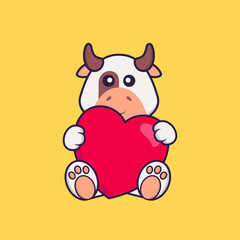 Naklejka premium Cute cow holding a big red heart. Animal cartoon concept isolated. Can used for t-shirt, greeting card, invitation card or mascot. Flat Cartoon Style