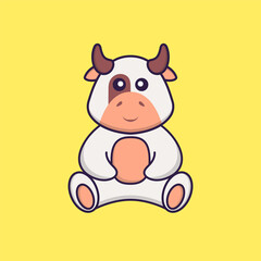 Cute cow is sitting. Animal cartoon concept isolated. Can used for t-shirt, greeting card, invitation card or mascot. Flat Cartoon Style