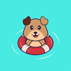 Cute dog is Swimming with a buoy. Animal cartoon concept isolated. Can used for t-shirt, greeting card, invitation card or mascot. Flat Cartoon Style