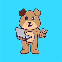 Cute dog holding laptop. Animal cartoon concept isolated. Can used for t-shirt, greeting card, invitation card or mascot. Flat Cartoon Style