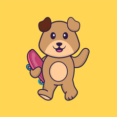 Cute dog holding a skateboard. Animal cartoon concept isolated. Can used for t-shirt, greeting card, invitation card or mascot. Flat Cartoon Style