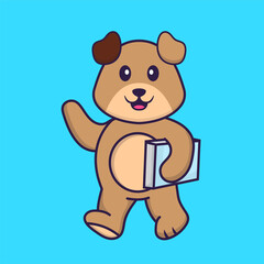 Cute dog holding a book. Animal cartoon concept isolated. Can used for t-shirt, greeting card, invitation card or mascot. Flat Cartoon Style