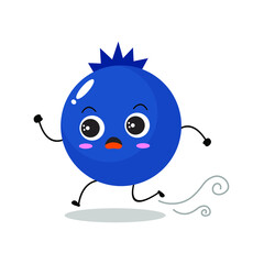 Vector illustration of a flat blueberry character with cute panic run expression, isolated on white background, simple minimal style, fresh fruit for mascot, emoticon