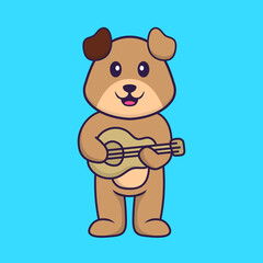 Obraz na płótnie Canvas Cute dog playing guitar. Animal cartoon concept isolated. Can used for t-shirt, greeting card, invitation card or mascot. Flat Cartoon Style