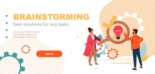 Creative thinking, discussion, find ideas or startup collaboration landing page. Business venture, team brainstorming, communication, idea management, partnership, development vector illustration.