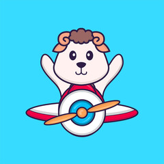 Cute sheep flying on a plane. Animal cartoon concept isolated. Can used for t-shirt, greeting card, invitation card or mascot. Flat Cartoon Style