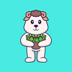 Cute sheep holding money. Animal cartoon concept isolated. Can used for t-shirt, greeting card, invitation card or mascot. Flat Cartoon Style