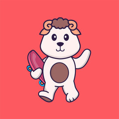 Cute sheep holding a skateboard. Animal cartoon concept isolated. Can used for t-shirt, greeting card, invitation card or mascot. Flat Cartoon Style