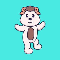 Cute sheep is dancing. Animal cartoon concept isolated. Can used for t-shirt, greeting card, invitation card or mascot. Flat Cartoon Style