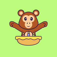 Cute monkey with birthday cake. Animal cartoon concept isolated. Can used for t-shirt, greeting card, invitation card or mascot. Flat Cartoon Style