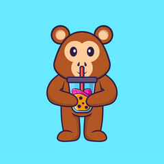 Cute monkey Drinking Boba milk tea. Animal cartoon concept isolated. Can used for t-shirt, greeting card, invitation card or mascot. Flat Cartoon Style