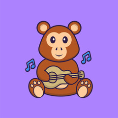 Cute monkey playing guitar. Animal cartoon concept isolated. Can used for t-shirt, greeting card, invitation card or mascot. Flat Cartoon Style