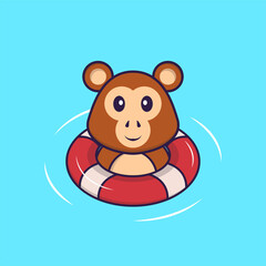 Cute monkey is Swimming with a buoy. Animal cartoon concept isolated. Can used for t-shirt, greeting card, invitation card or mascot. Flat Cartoon Style