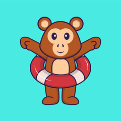 Cute monkey using a float. Animal cartoon concept isolated. Can used for t-shirt, greeting card, invitation card or mascot. Flat Cartoon Style