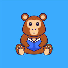 Cute monkey reading a book. Animal cartoon concept isolated. Can used for t-shirt, greeting card, invitation card or mascot. Flat Cartoon Style