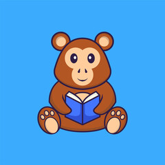 Cute monkey reading a book. Animal cartoon concept isolated. Can used for t-shirt, greeting card, invitation card or mascot. Flat Cartoon Style