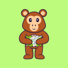 Cute monkey holding a map. Animal cartoon concept isolated. Can used for t-shirt, greeting card, invitation card or mascot. Flat Cartoon Style