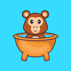 Cute monkey taking a bath in the bathtub. Animal cartoon concept isolated. Can used for t-shirt, greeting card, invitation card or mascot. Flat Cartoon Style