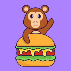 Cute monkey eating burger. Animal cartoon concept isolated. Can used for t-shirt, greeting card, invitation card or mascot. Flat Cartoon Style