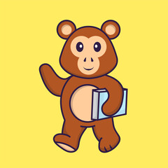 Cute monkey holding a book. Animal cartoon concept isolated. Can used for t-shirt, greeting card, invitation card or mascot. Flat Cartoon Style