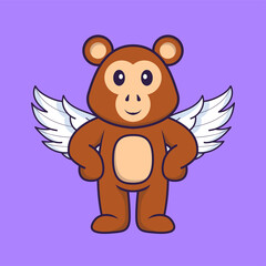 Cute monkey using wings. Animal cartoon concept isolated. Can used for t-shirt, greeting card, invitation card or mascot. Flat Cartoon Style