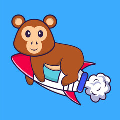 Cute monkey flying on rocket. Animal cartoon concept isolated. Can used for t-shirt, greeting card, invitation card or mascot. Flat Cartoon Style