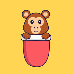 Cute monkey in red pocket. Animal cartoon concept isolated. Can used for t-shirt, greeting card, invitation card or mascot. Flat Cartoon Style