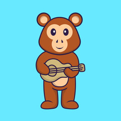 Cute monkey playing guitar. Animal cartoon concept isolated. Can used for t-shirt, greeting card, invitation card or mascot. Flat Cartoon Style