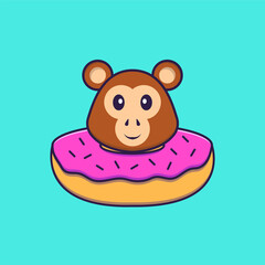 Cute monkey with a donut on his neck. Animal cartoon concept isolated. Can used for t-shirt, greeting card, invitation card or mascot. Flat Cartoon Style