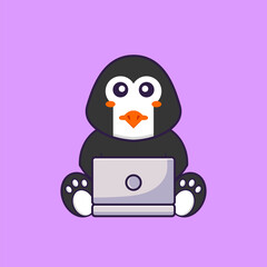 Cute penguin using laptop. Animal cartoon concept isolated. Can used for t-shirt, greeting card, invitation card or mascot. Flat Cartoon Style