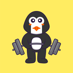 Cute penguin lifts the barbell. Animal cartoon concept isolated. Can used for t-shirt, greeting card, invitation card or mascot. Flat Cartoon Style