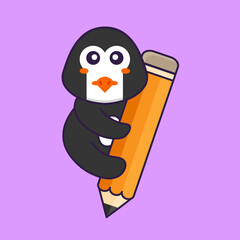 Cute penguin holding a pencil. Animal cartoon concept isolated. Can used for t-shirt, greeting card, invitation card or mascot. Flat Cartoon Style