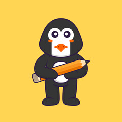Cute penguin holding a pencil. Animal cartoon concept isolated. Can used for t-shirt, greeting card, invitation card or mascot. Flat Cartoon Style
