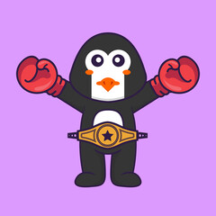 Cute penguin in boxer costume with champion belt. Animal cartoon concept isolated. Can used for t-shirt, greeting card, invitation card or mascot. Flat Cartoon Style