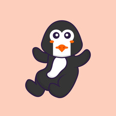 Cute penguin is flying. Animal cartoon concept isolated. Can used for t-shirt, greeting card, invitation card or mascot. Flat Cartoon Style