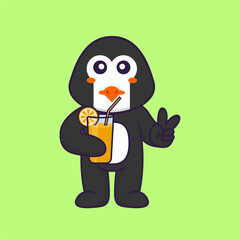 Cute penguin holding orange juice in glass. Animal cartoon concept isolated. Can used for t-shirt, greeting card, invitation card or mascot. Flat Cartoon Style